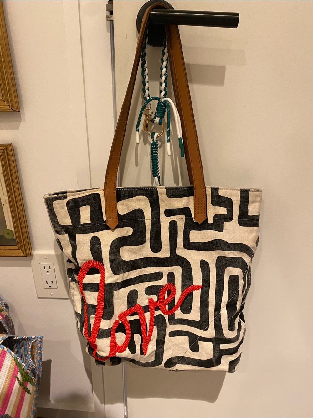 Ubuntu Life Canvas Tote with Red 'Love' Script and Brown Straps